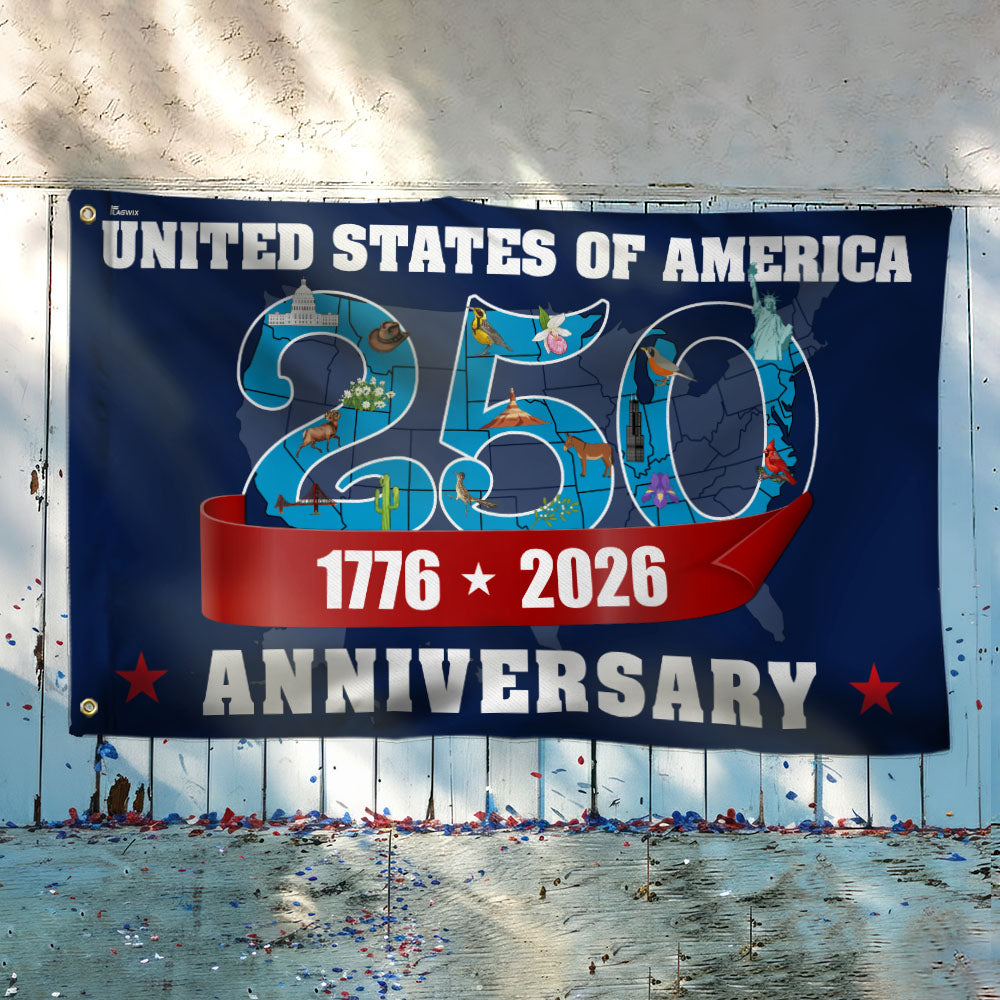America 250th Anniversary Flag, Patriotic 1776 2026 USA Map Grommet Flag