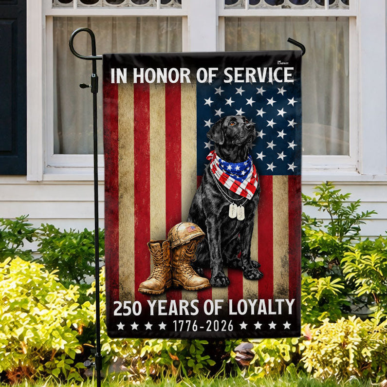 250 Years American Flag with Patriotic Black Labrador, US Veteran Dog Flag