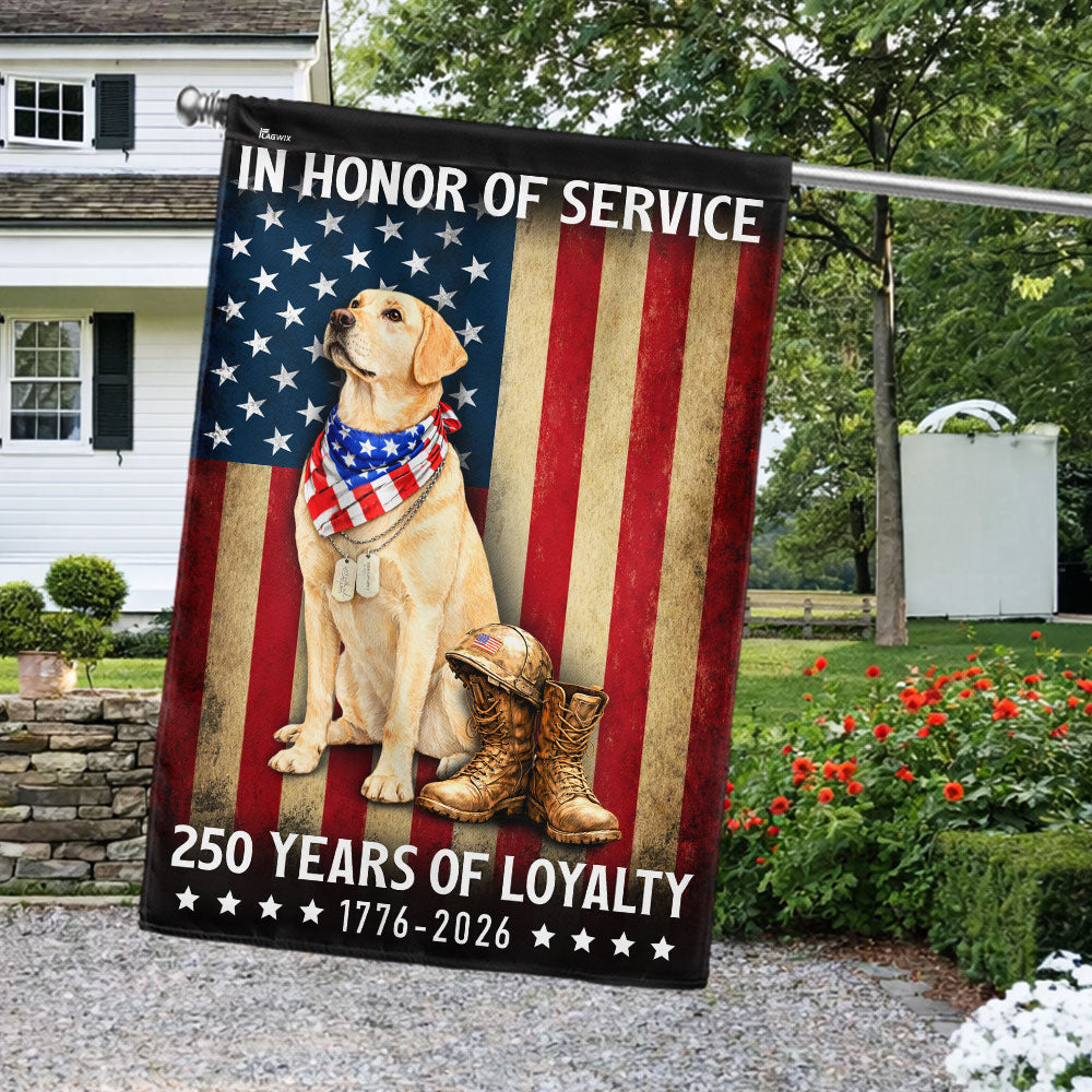 250 Years American Flag with Patriotic Yellow Labrador, US Veteran Dog Flag