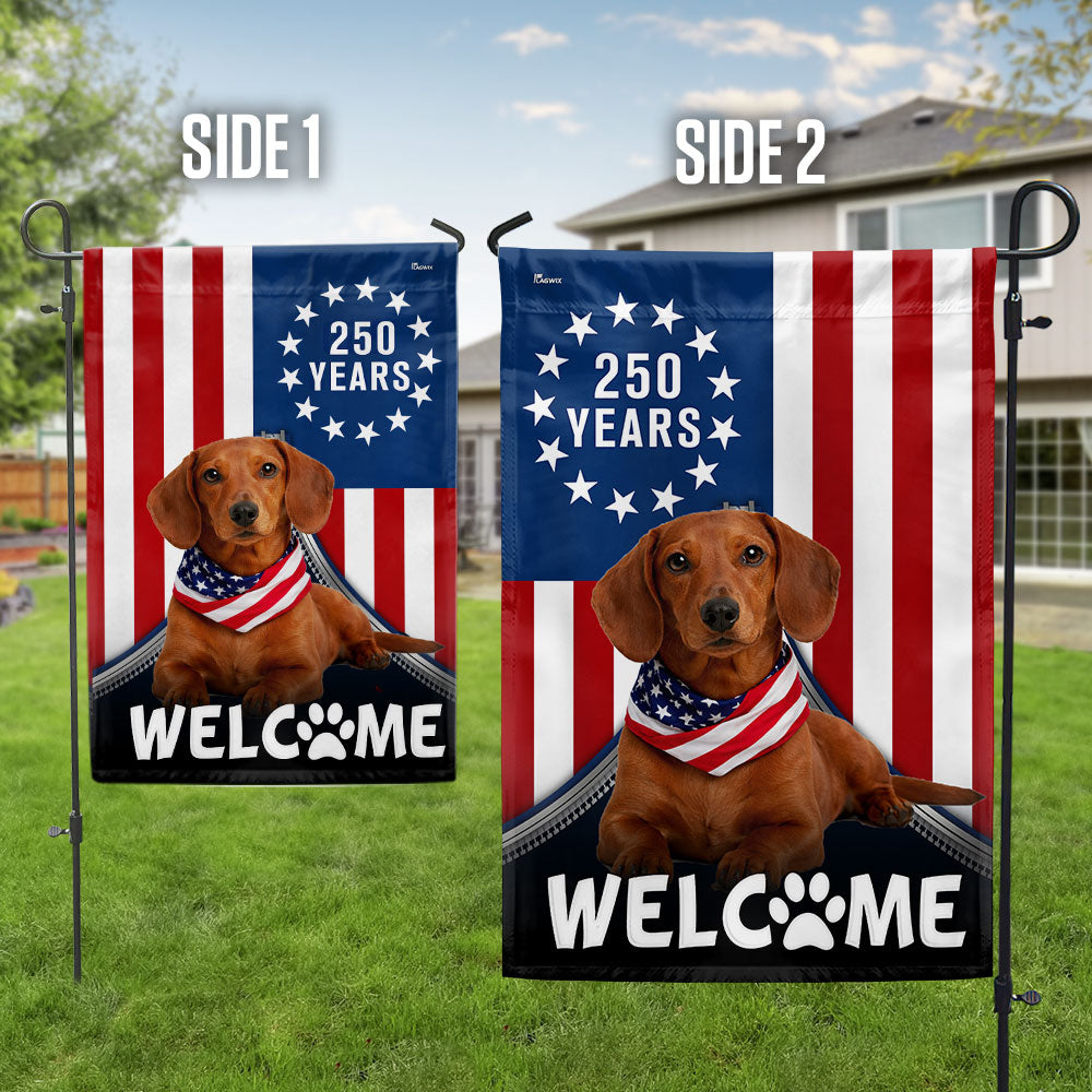 Patriotic Welcome Dog Garden Flag, 250 Years Dachshund Betsy Ross Flag Decor