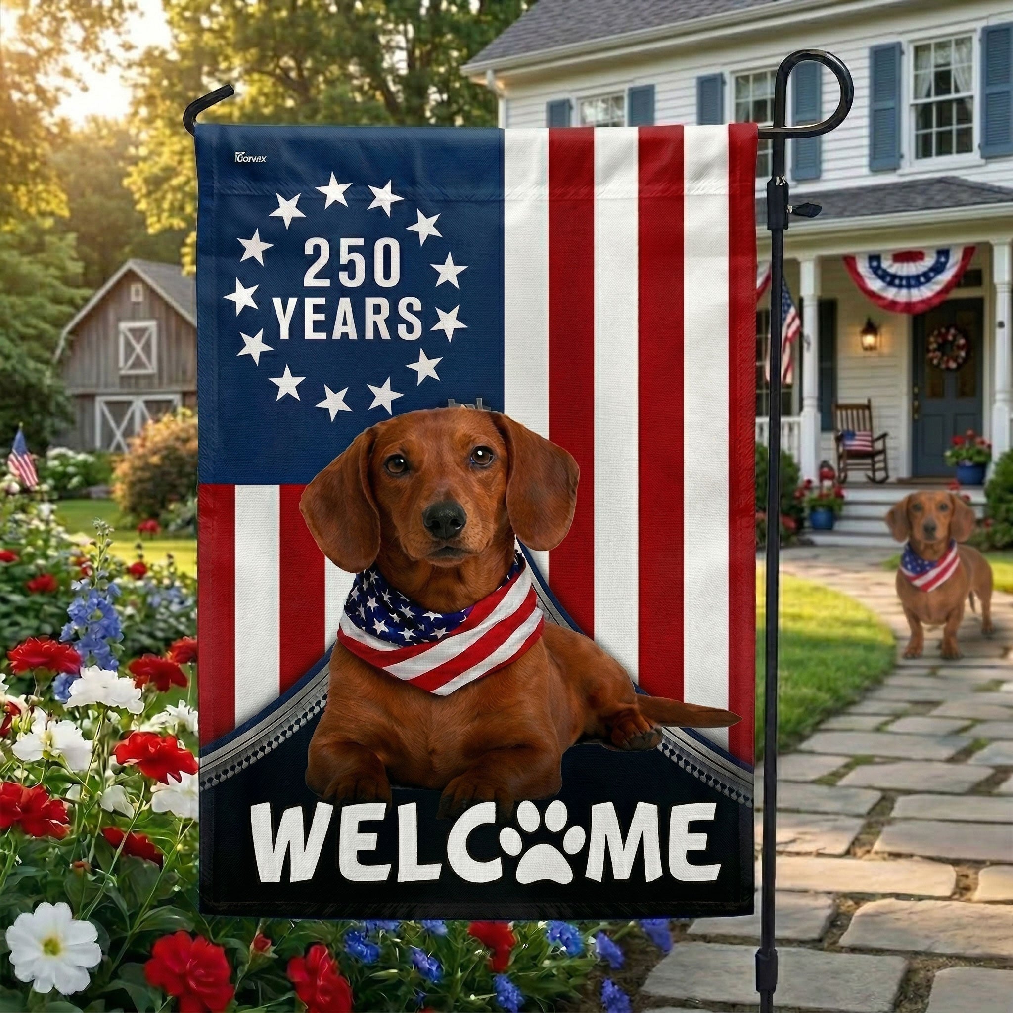Patriotic Welcome Dog Garden Flag, 250 Years Dachshund Betsy Ross Flag Decor