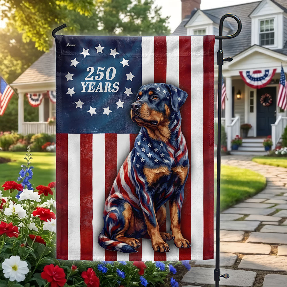 250 Years American Dog Garden Flag, Patriotic Rottweiler Betsy Ross Flag Decor