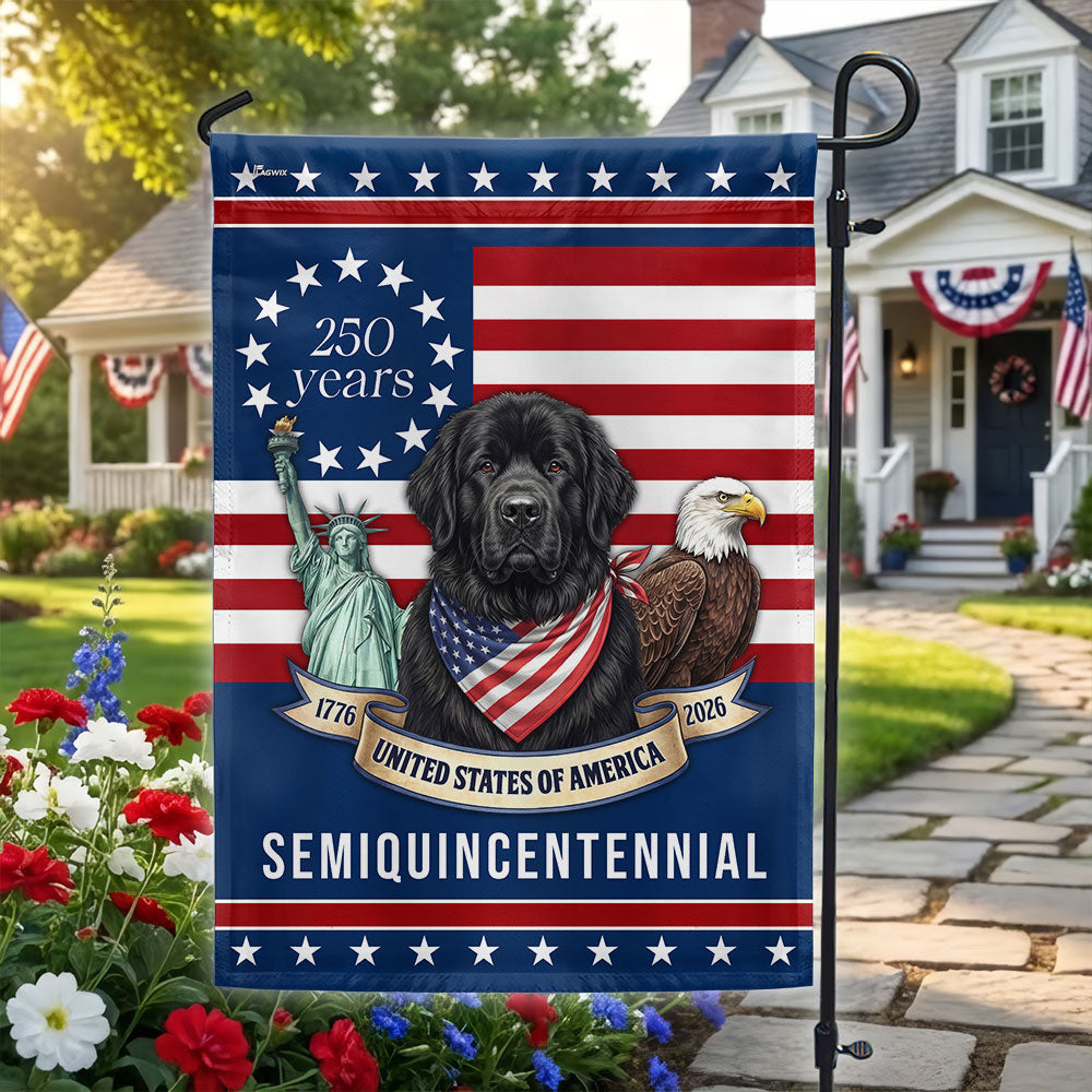 Patriotic Newfoundland Dog Garden Flag, 250 Years American Flag Decor