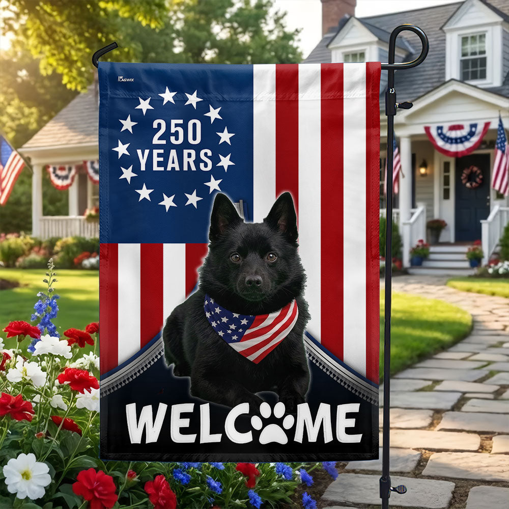 Patriotic Welcome Dog Garden Flag, 250 Years Schipperke 1776 2026 Flag Decor