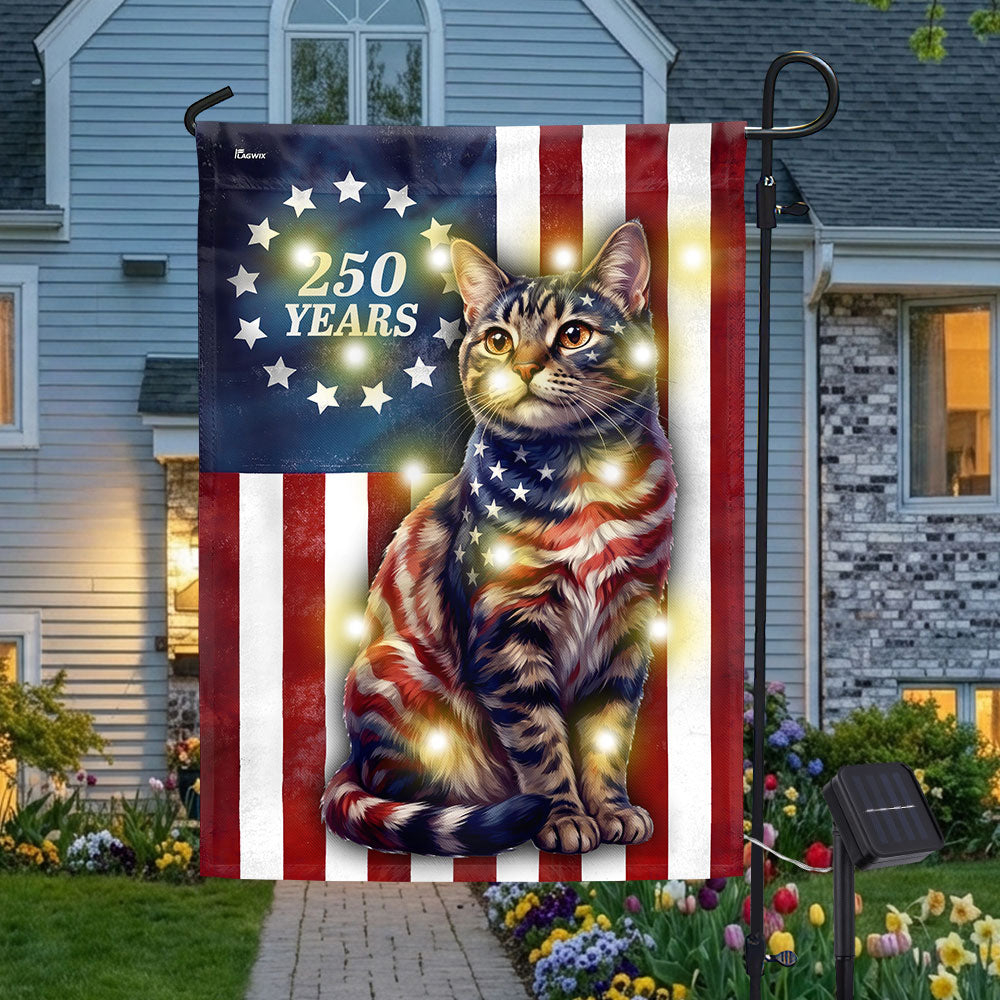 250 Years 1776 2026 Solar LED Flag Decor for Cat Lovers, Patriotic American Cat Garden Flag