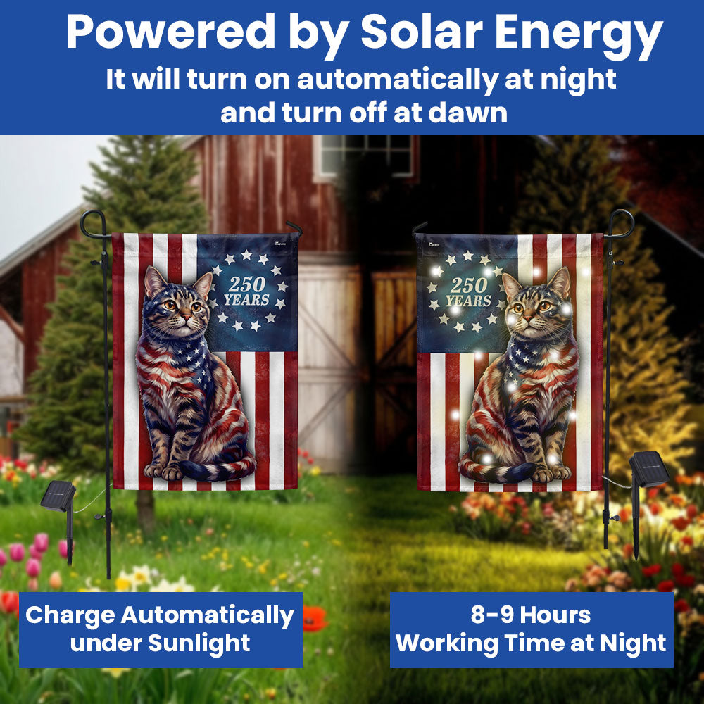 250 Years 1776 2026 Solar LED Flag Decor for Cat Lovers, Patriotic American Cat Garden Flag