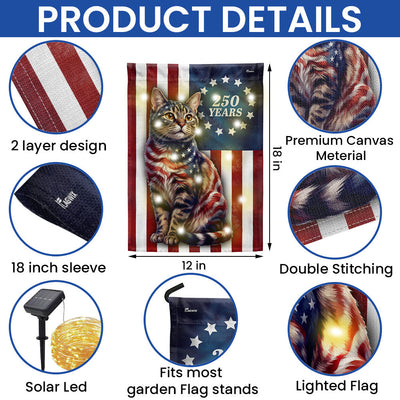 250 Years 1776 2026 Solar LED Flag Decor for Cat Lovers, Patriotic American Cat Garden Flag