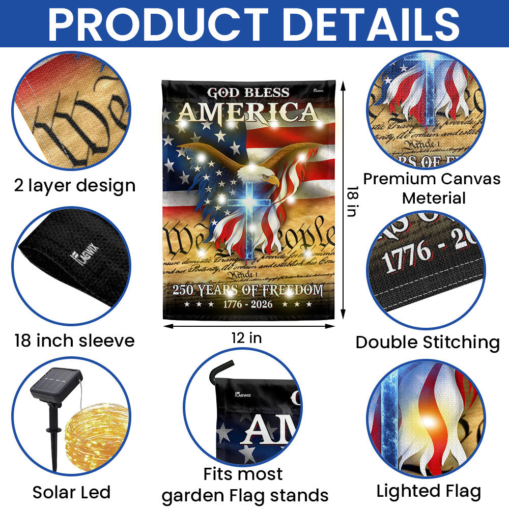 Patriotic God Bless America Flag, 250 Years of Freedom We The People 1776 2026 Solar Led Flag Decor