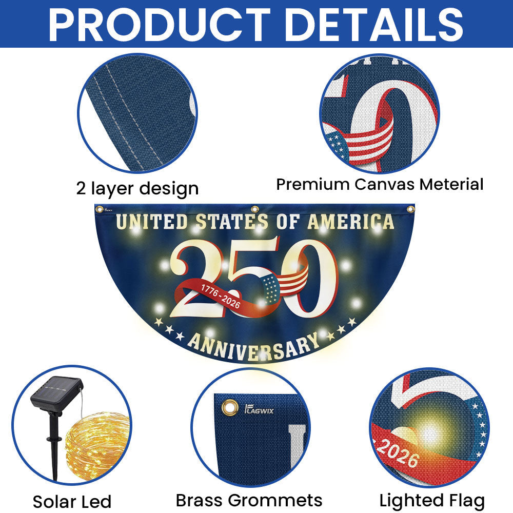 Patriotic 250 Years 1776 2026 Flag Decor, America Semiquincentennial Solar Led Fan Flag