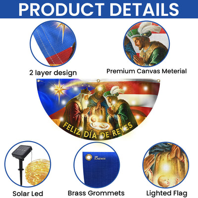 Feliz Día De Reyes Flag | Nativity Puerto Rico Solar Led Fan Flag