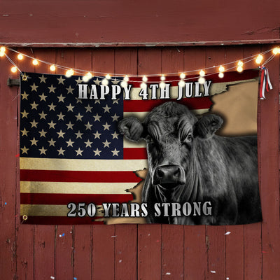 Black Angus Cattle Flag, 250 Years Strong Patriotic Cow Farm Grommet Flag
