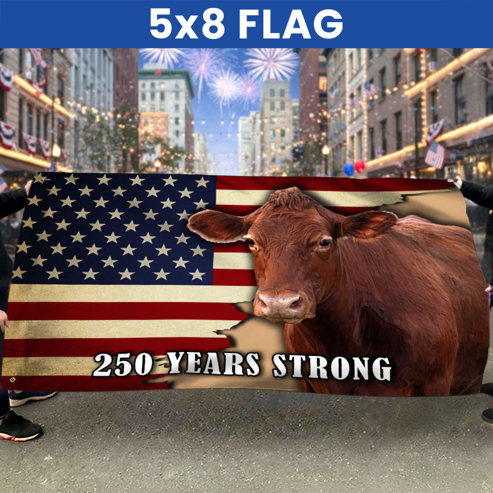 250 Years Strong Cow American Grommet Flag for Farmhouse Patriotic Decor