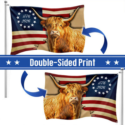 250 Years Strong Highland Cow American Grommet Flag for Farmhouse Patriotic Decor