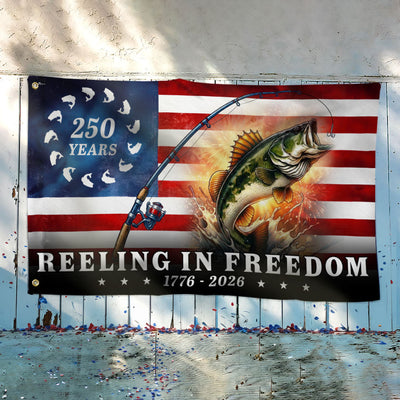 Bass Fish Flag, 250 Years Reeling in Freedom Grommet Flag
