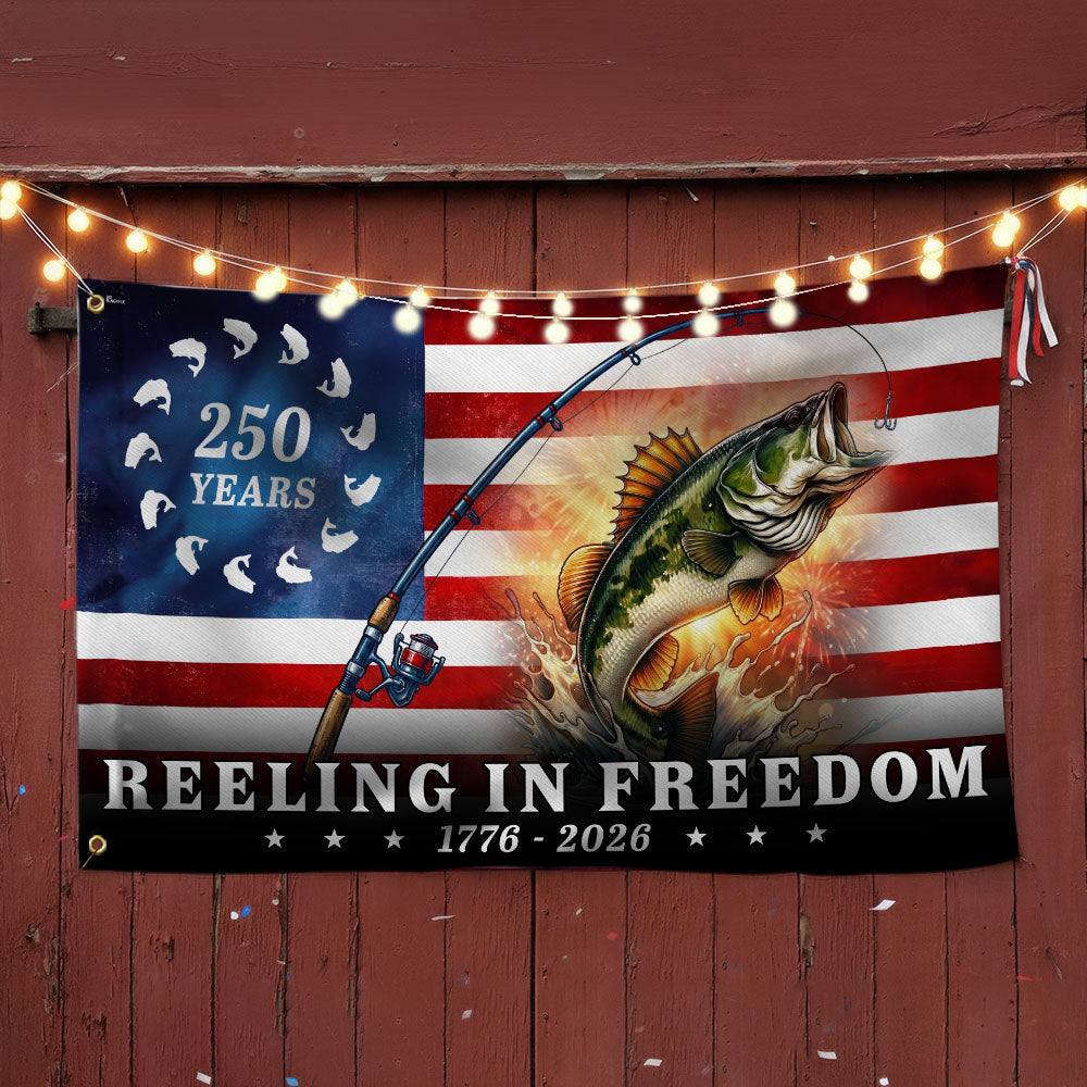 Bass Fish Flag, 250 Years Reeling in Freedom Grommet Flag