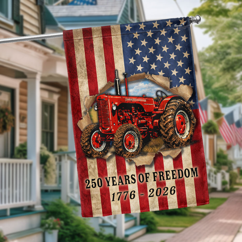 Tractor Farmer Flag, 250 Years of Freedom Red Tractor US Flag