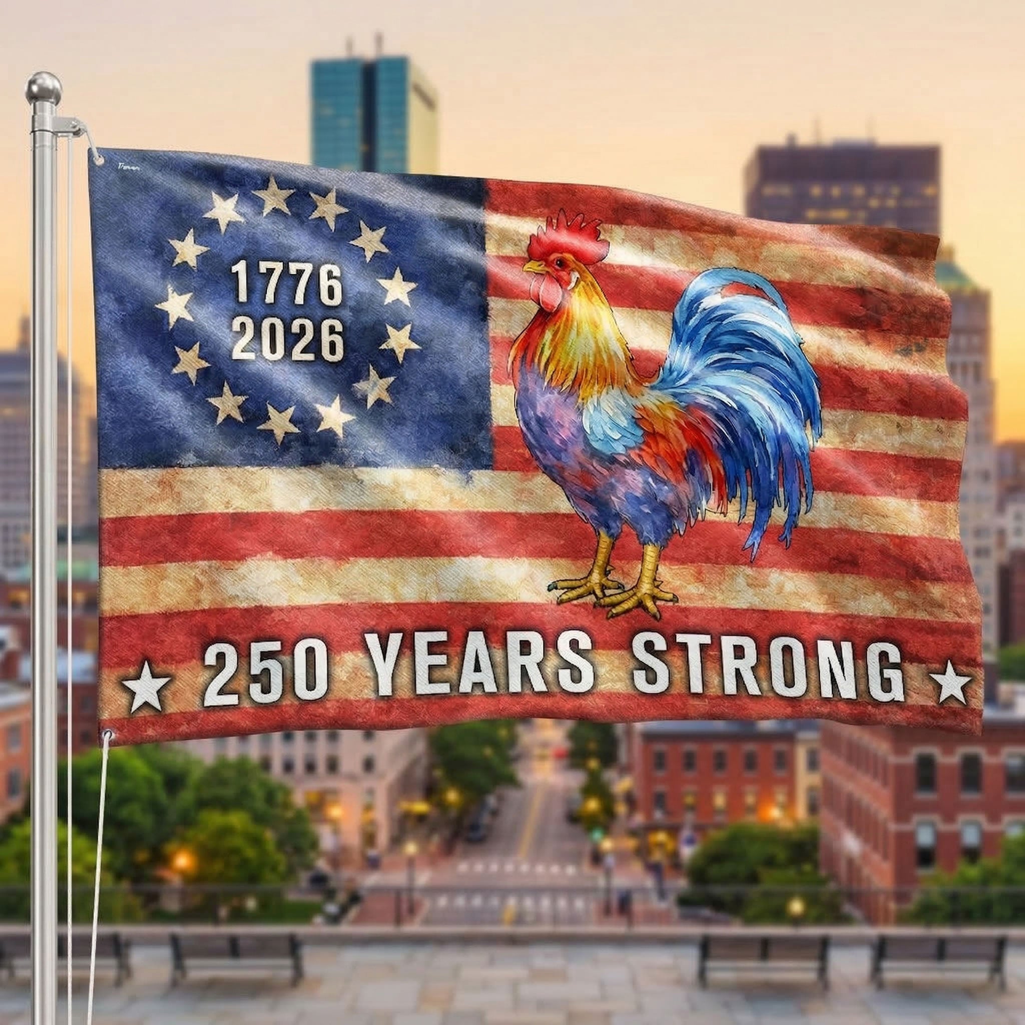 Chicken American Flag, 250 Years Strong Patriotic Chicken Grommet Flag