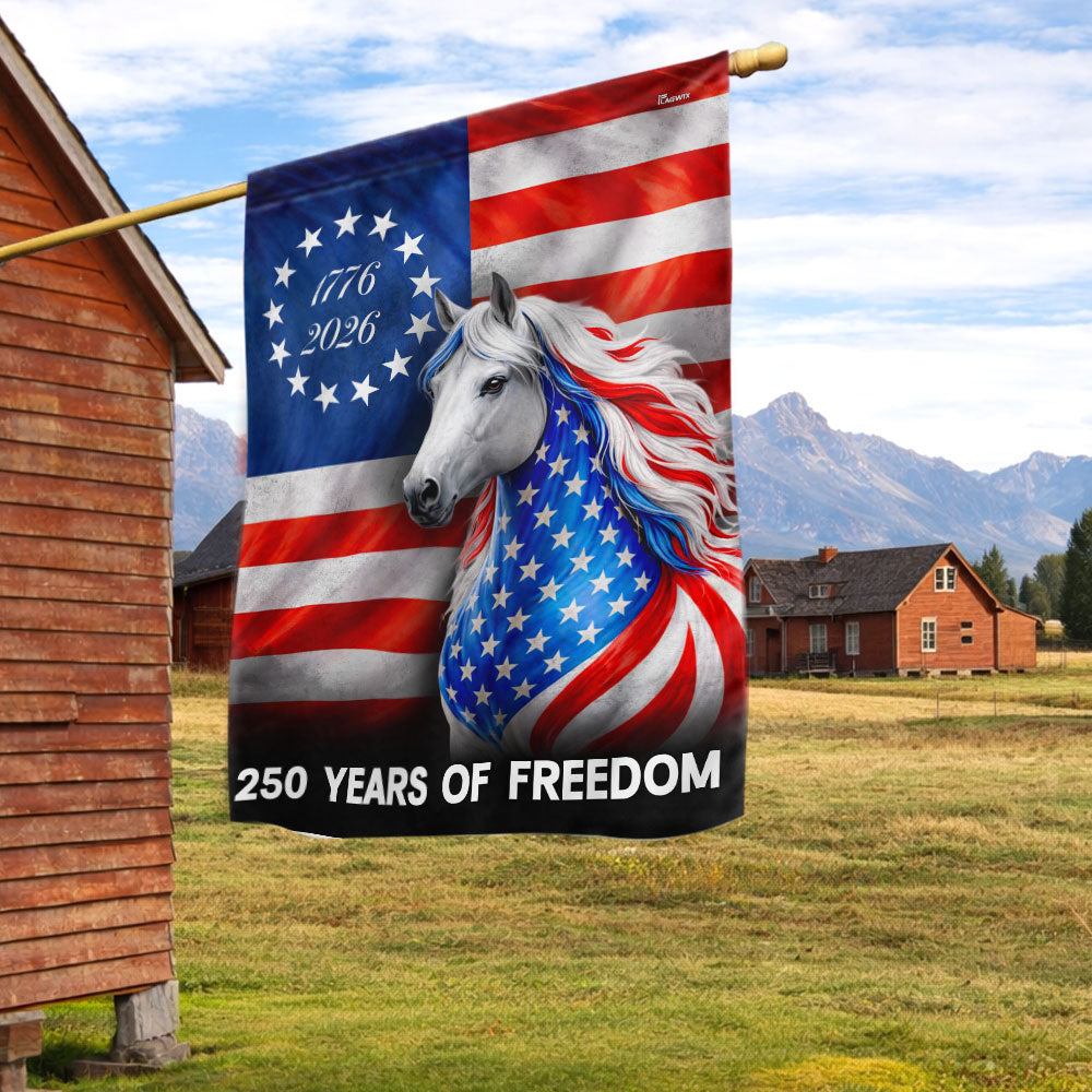 Horse Farmhouse Flag, 250 Years Strong Patriotic White Horse US Flag