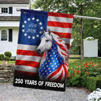 Horse Farmhouse Flag, 250 Years Strong Patriotic White Horse US Flag