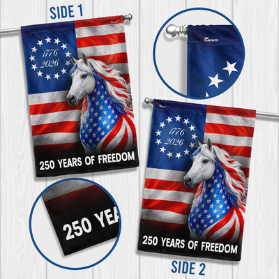 Horse Farmhouse Flag, 250 Years Strong Patriotic White Horse US Flag