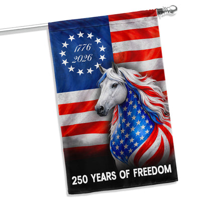 Horse Farmhouse Flag, 250 Years Strong Patriotic White Horse US Flag