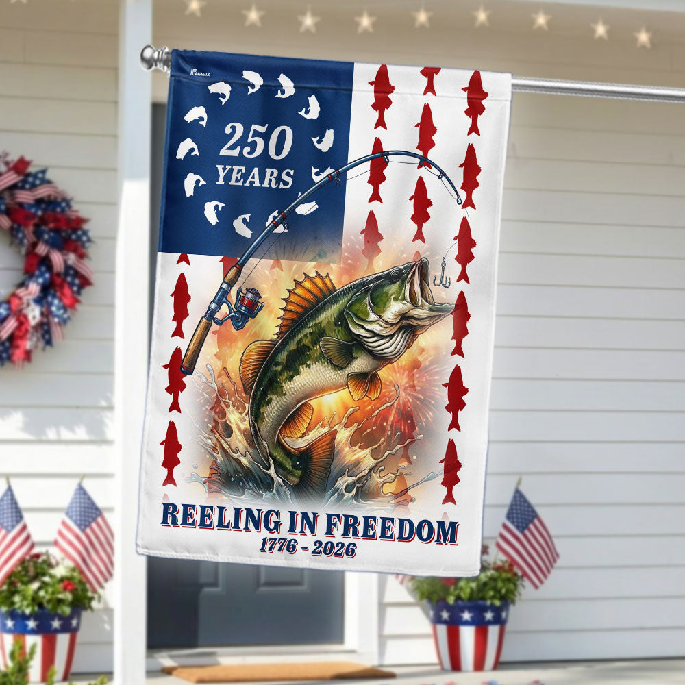Bass Fish American Flag, 250 Years Reeling in Freedom US Flag