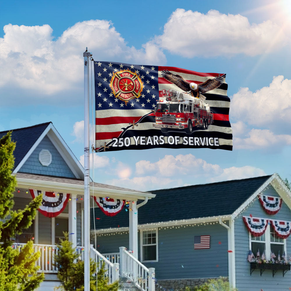 Firefighter Flag, 250 Years of Service Fire Truck Firefighter Grommet Flag