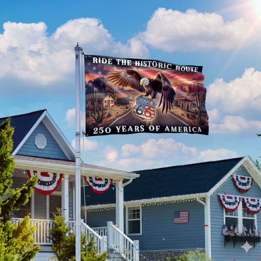 Route 66 Flag, 250 Years of America Ride the Historic Route Grommet Flag