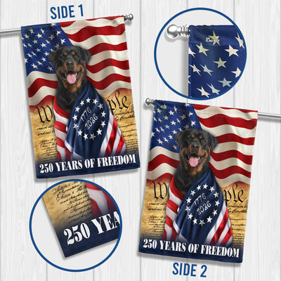 250 Years of Freedom Flag, Rottweiler Dog Wrapped in Glory US Flag
