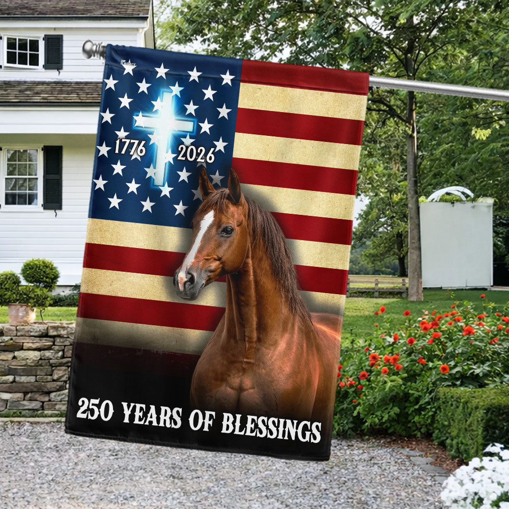 Horse American Flag, 250 Years of Blessings Christian Cross US Flag