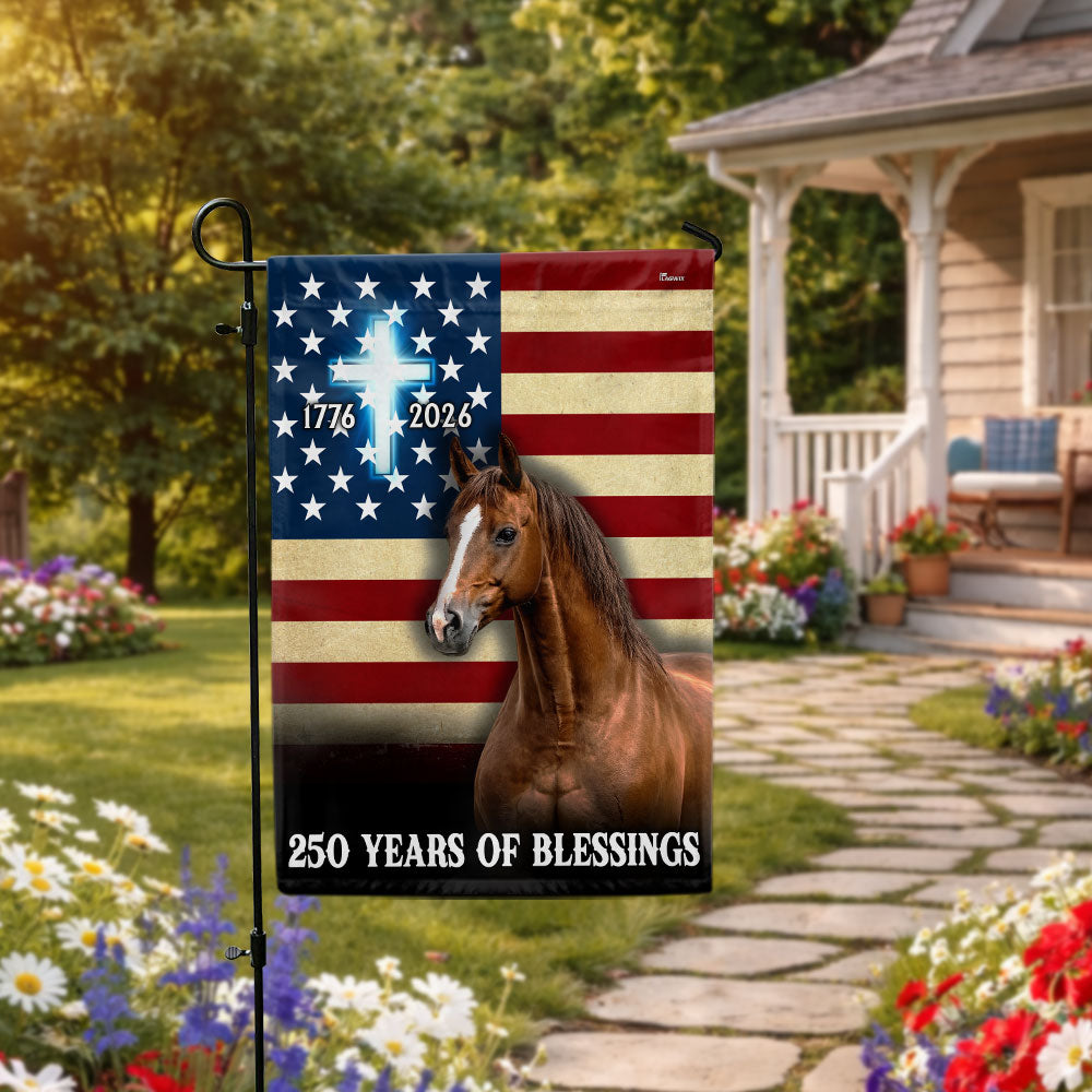 Horse American Flag, 250 Years of Blessings Christian Cross US Flag