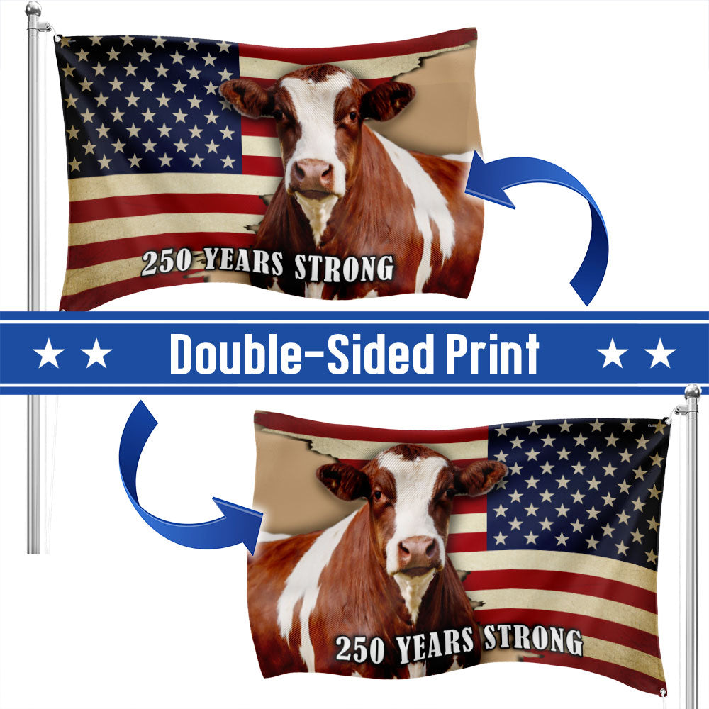 250 Years Strong Pinzgauer Cattle American Grommet Flag for Farmhouse Patriotic Decor