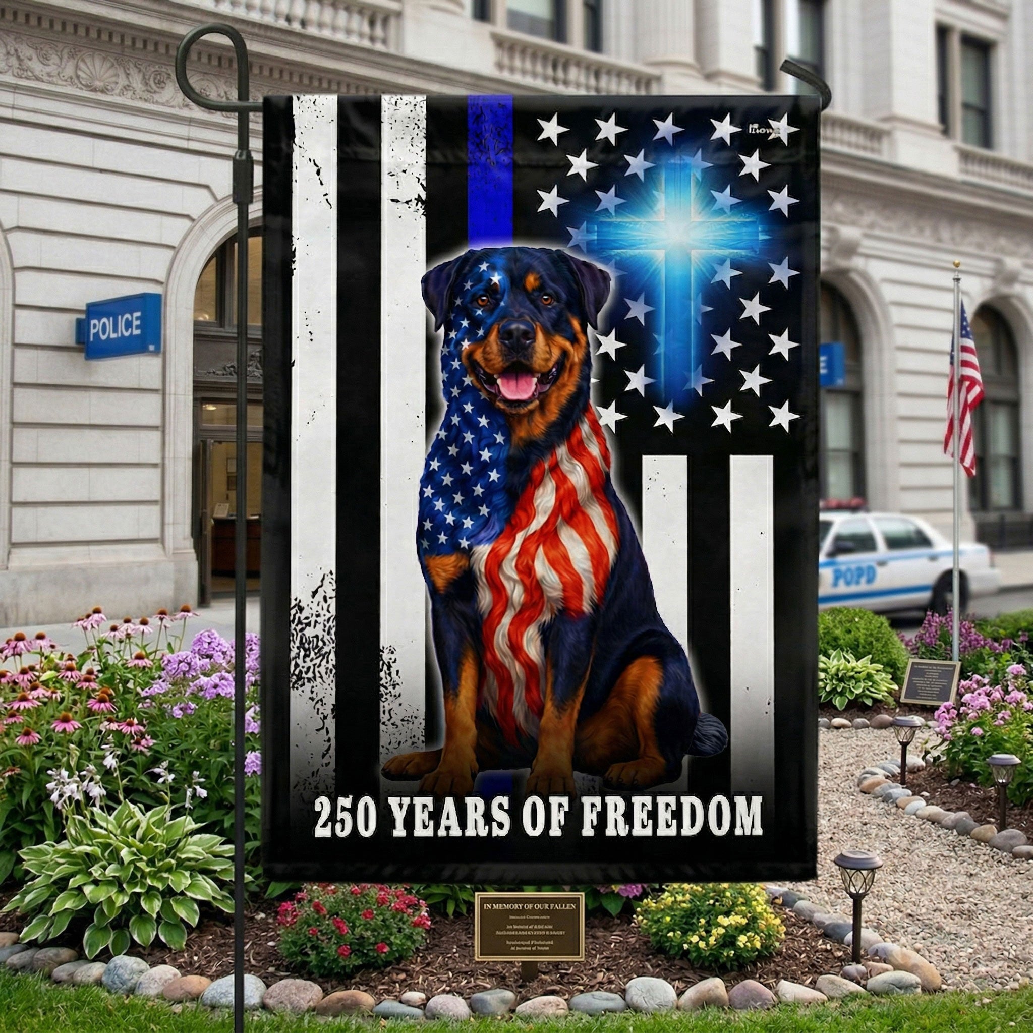 Rottweiler American Flag, 250 Years of Freedom Christian Thin Blue Line Decor