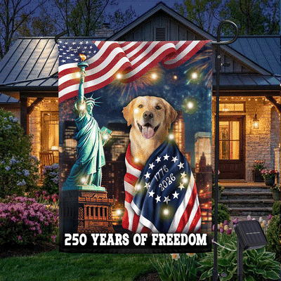 250 Years of Freedom Golden Retriever Wrapped in Glory Solar Led Garden Flag