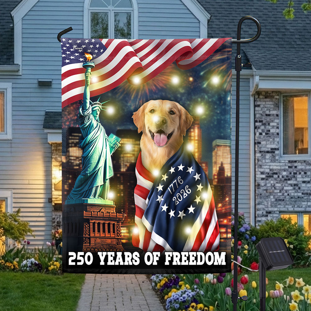 250 Years of Freedom Golden Retriever Wrapped in Glory Solar Led Garden Flag