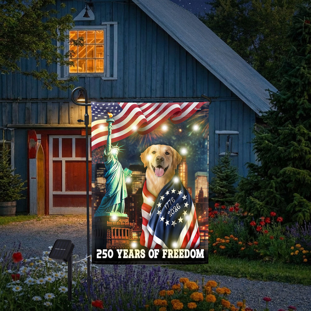 250 Years of Freedom Golden Retriever Wrapped in Glory Solar Led Garden Flag