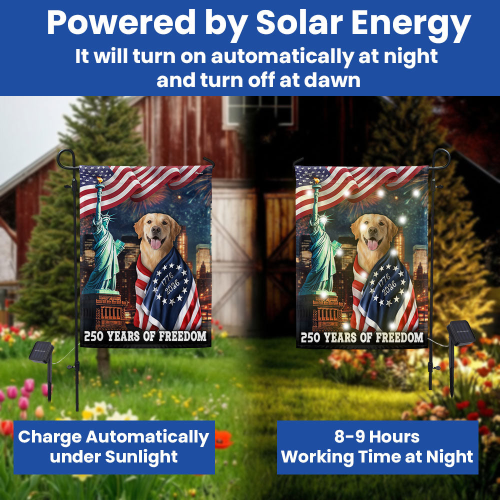 250 Years of Freedom Golden Retriever Wrapped in Glory Solar Led Garden Flag