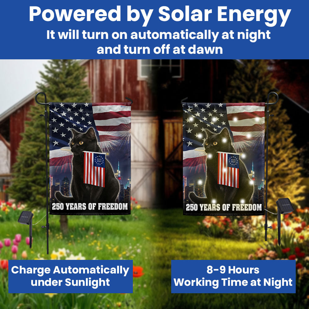 Cat American Flag, 250 Years of Freedom Patriotic Black Cat Solar Led Garden Flag