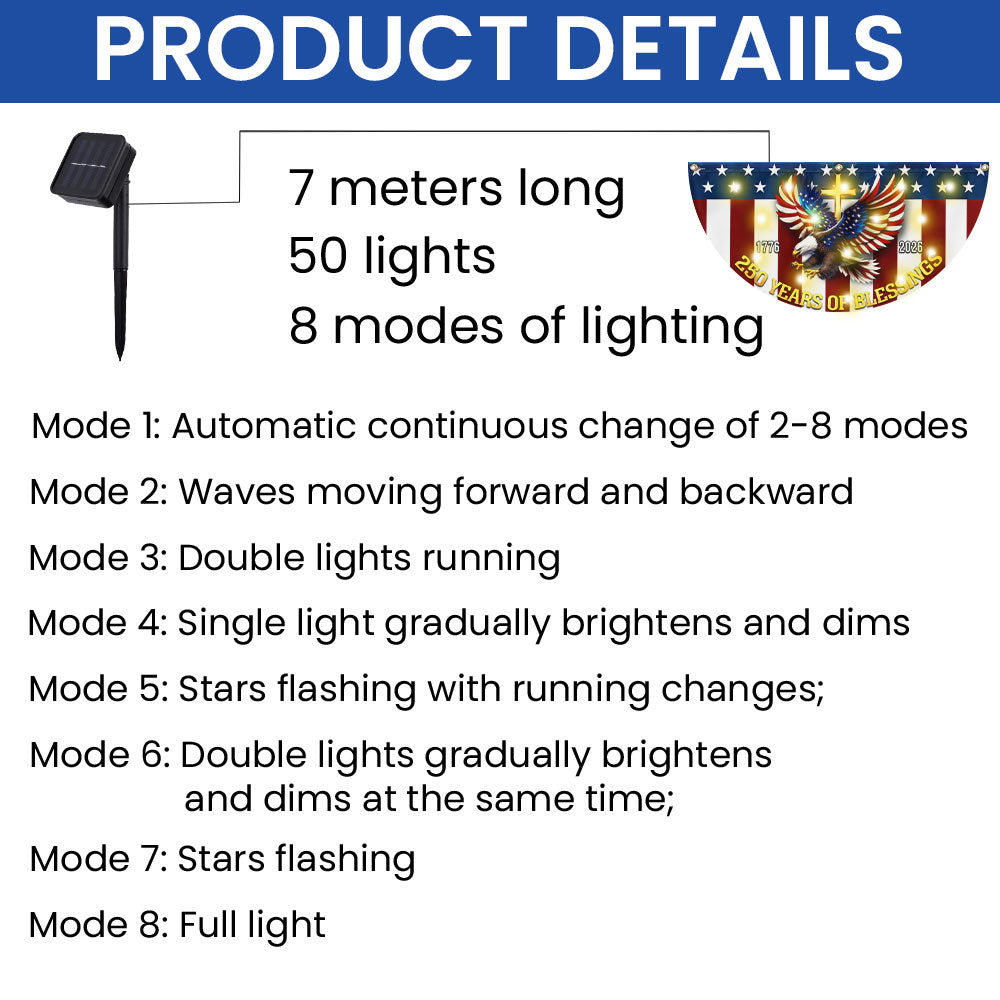 250 Years of Blessings 1776 2026 Patriotic Eagle Cross Solar Led Fan Flag