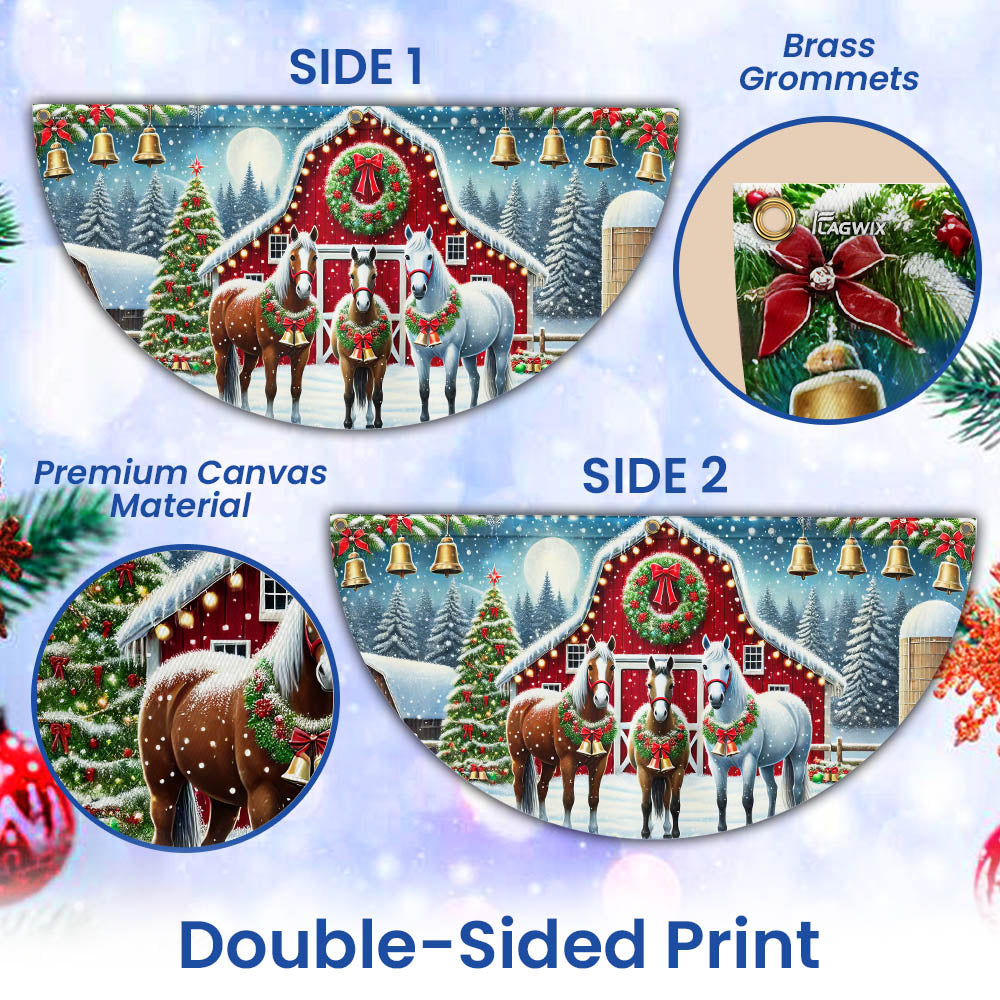 Horse Christmas Holiday Festive Farm Red Barn Non-Pleated Fan Flag