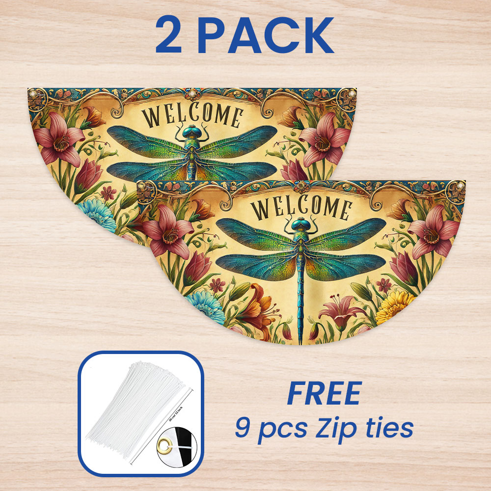 Dragonfly Welcome Non-Pleated Fan Flag for Outdoor Home Decor