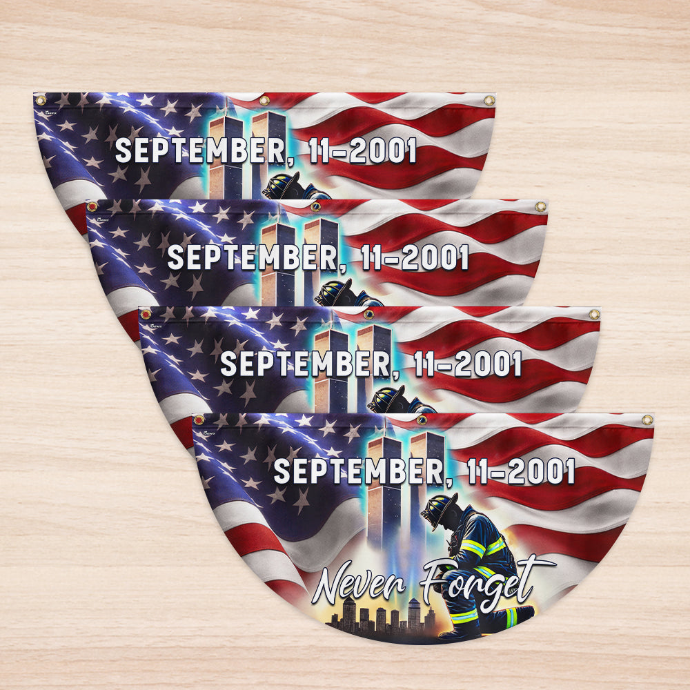 Never Forget 11th September Patriot Day 911 Kneeling Firefighter Non-Pleated Fan Flag