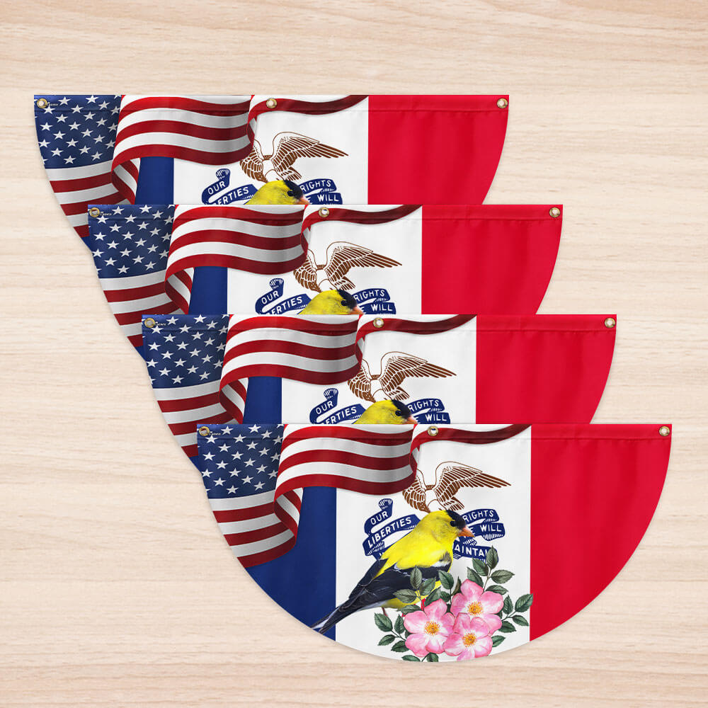 Iowa State Eastern Goldfinch Bird and Wild Rose Flower Non-Pleated Fan Flag