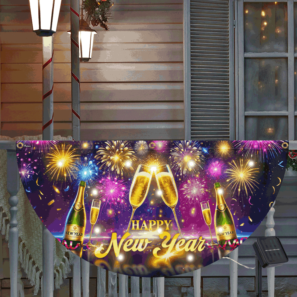 Happy New Year Firework Champagne Solar Led Fan Flag