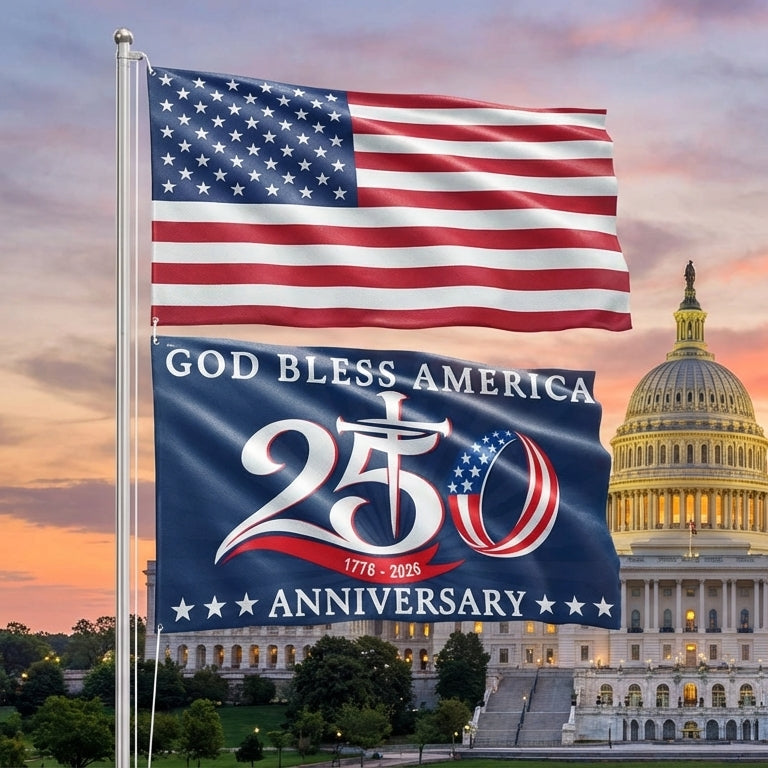 250th Anniversary 1776 2026 American Flag, God Bless America Christ Grommet Flag