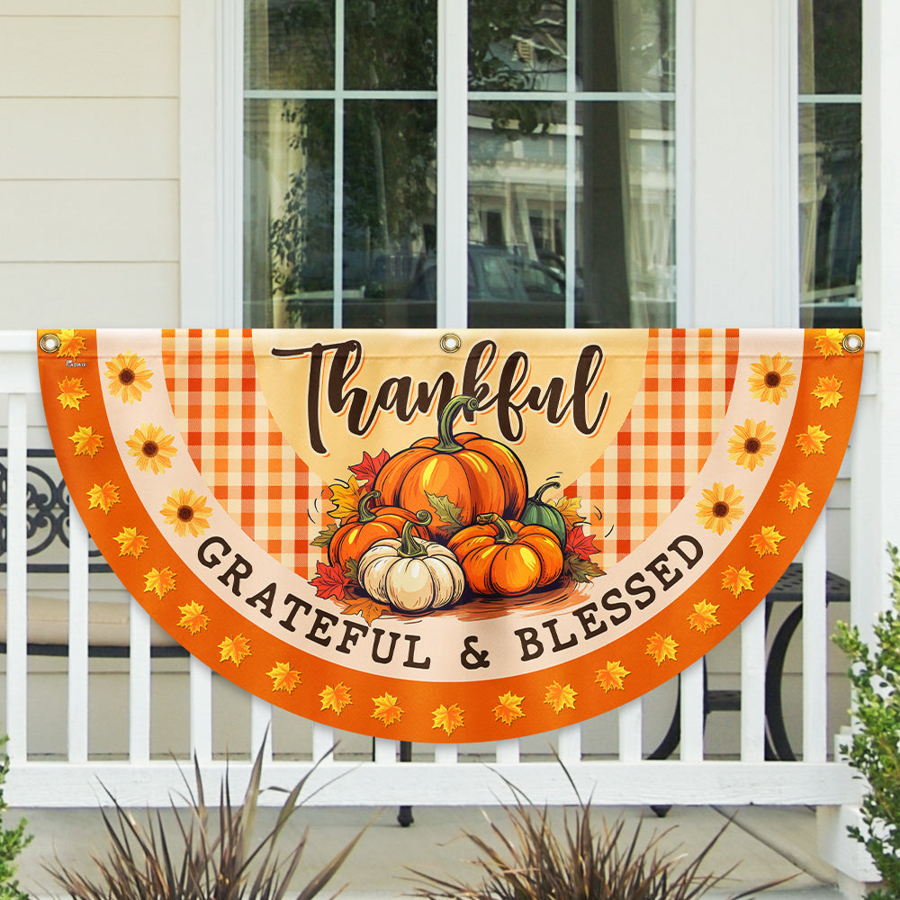 Fall Thanksgiving Pumpkins Harvest Thankful Grateful &amp; Blessed Non-Pleated Fan Flag