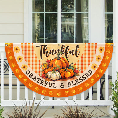 Fall Thanksgiving Pumpkins Harvest Thankful Grateful &amp; Blessed Non-Pleated Fan Flag