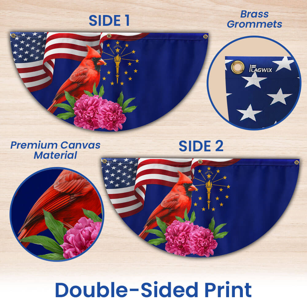 Indiana State Cardinal and Peony Flower Non-Pleated Fan Flag