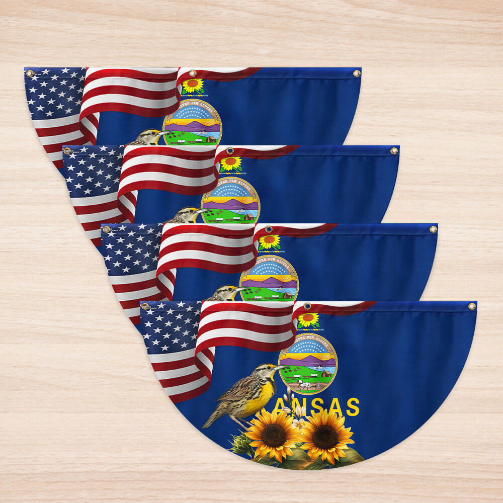 Kansas State Sunflower and Meadowlark Bird Non-Pleated Fan Flag