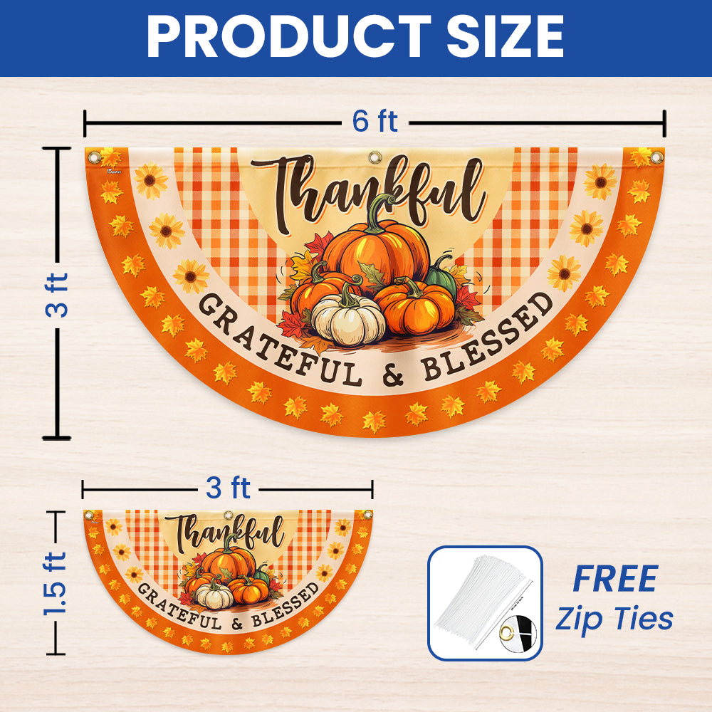 Fall Thanksgiving Pumpkins Harvest Thankful Grateful &amp; Blessed Non-Pleated Fan Flag